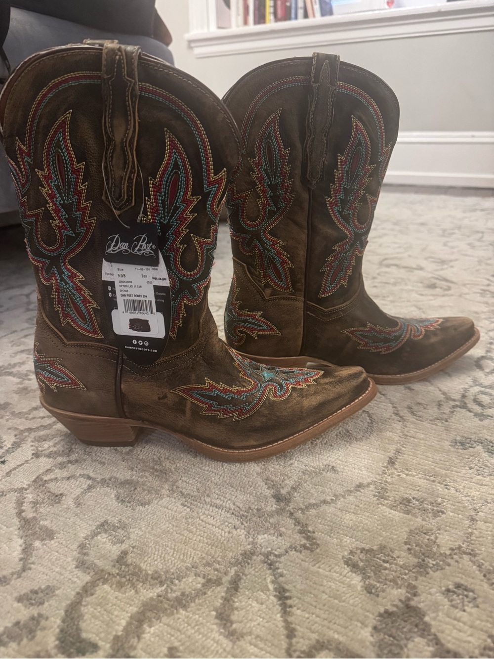 Dan Post Brown Leather Western Heeled Boots with Multicolor Stitching
